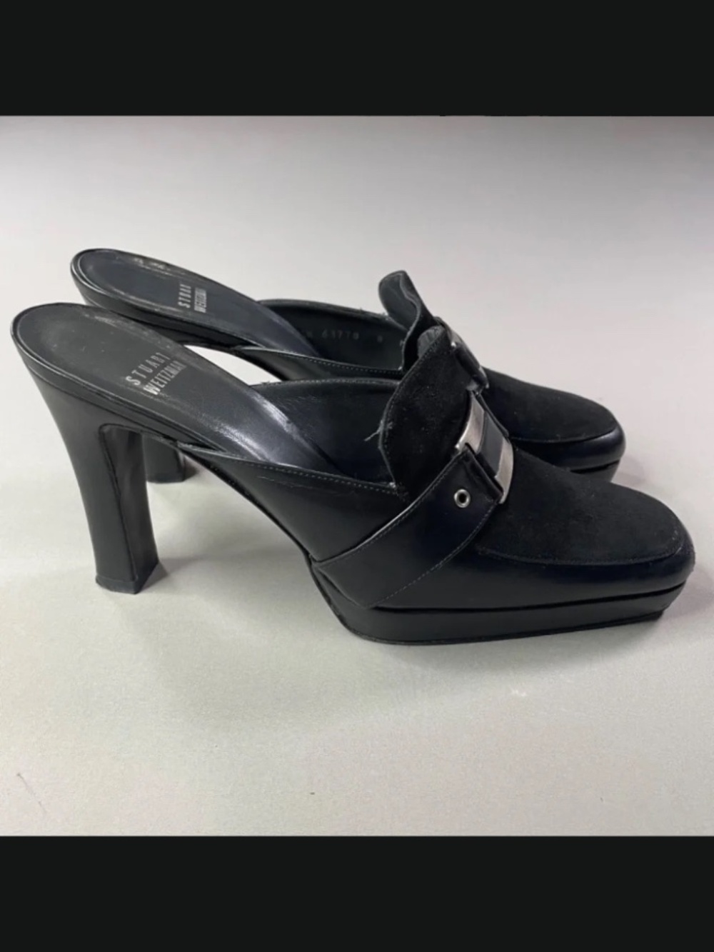 Stuart Weitzman Shoes Womens 8 black leather loafer heels horse bit slip on - Picture 2 of 12
